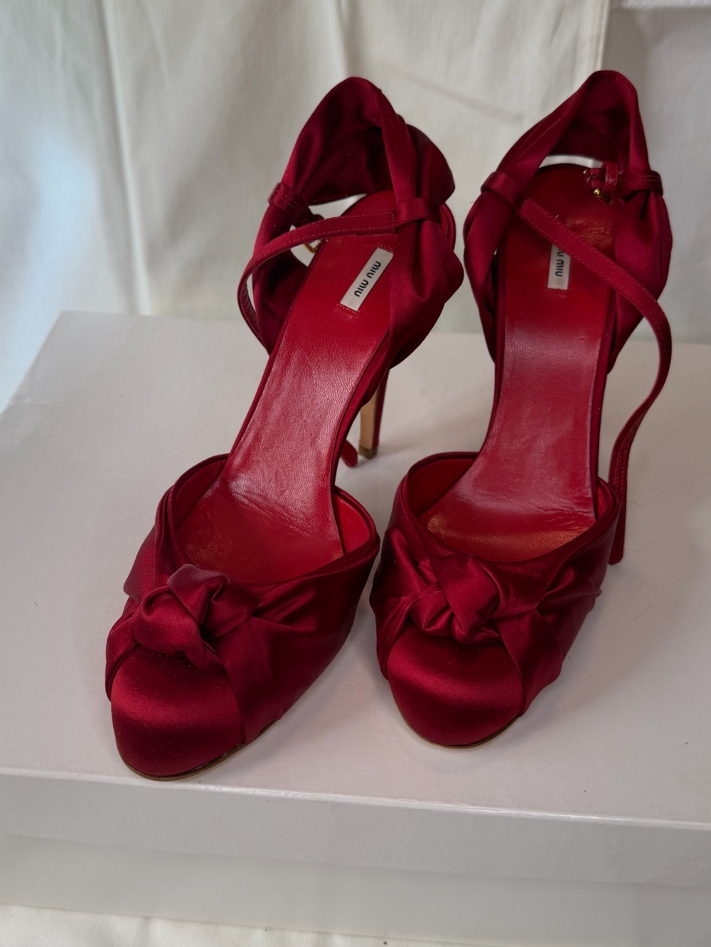 Miu Miu Crimson Satin Knotted Peep-Toe Heels